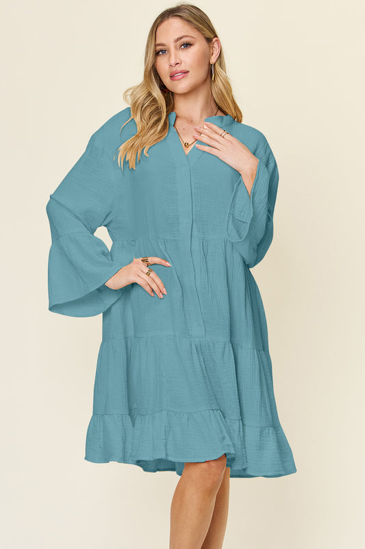 Textured Button Up Ruffle Hem Knee-Length Dress