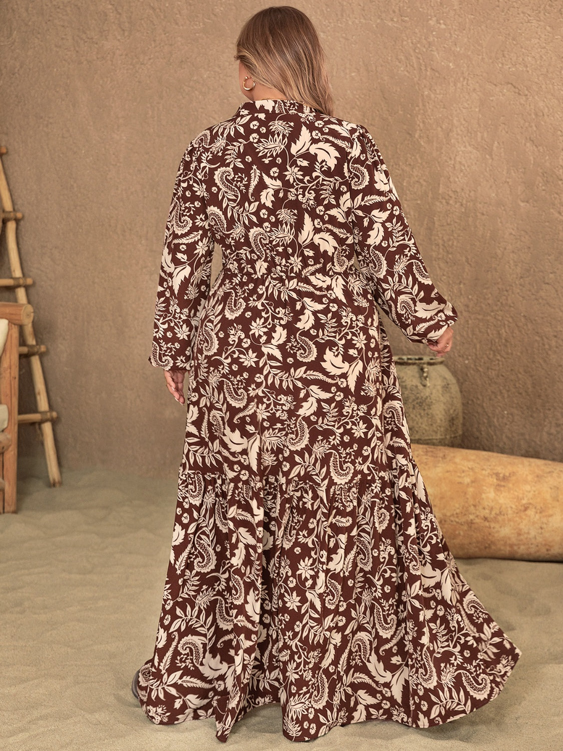 Plus Size Split Neck Long Sleeve Printed Maxi Dress in Chocolate