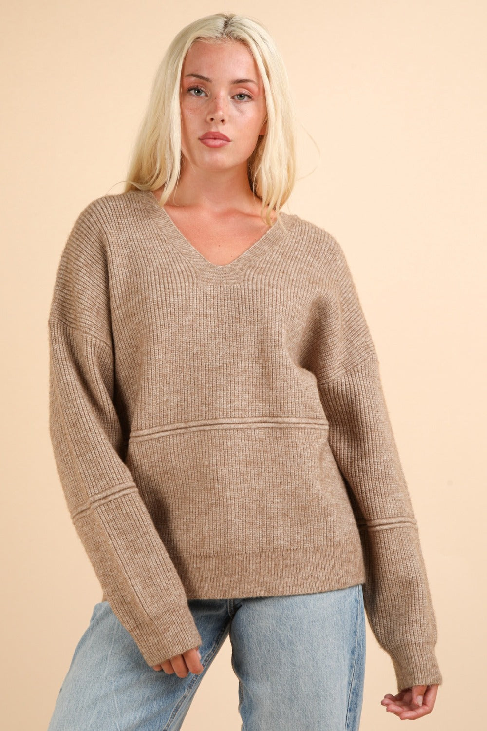 Seam Detail Drop Shoulder Hooded Sweater in Mocha