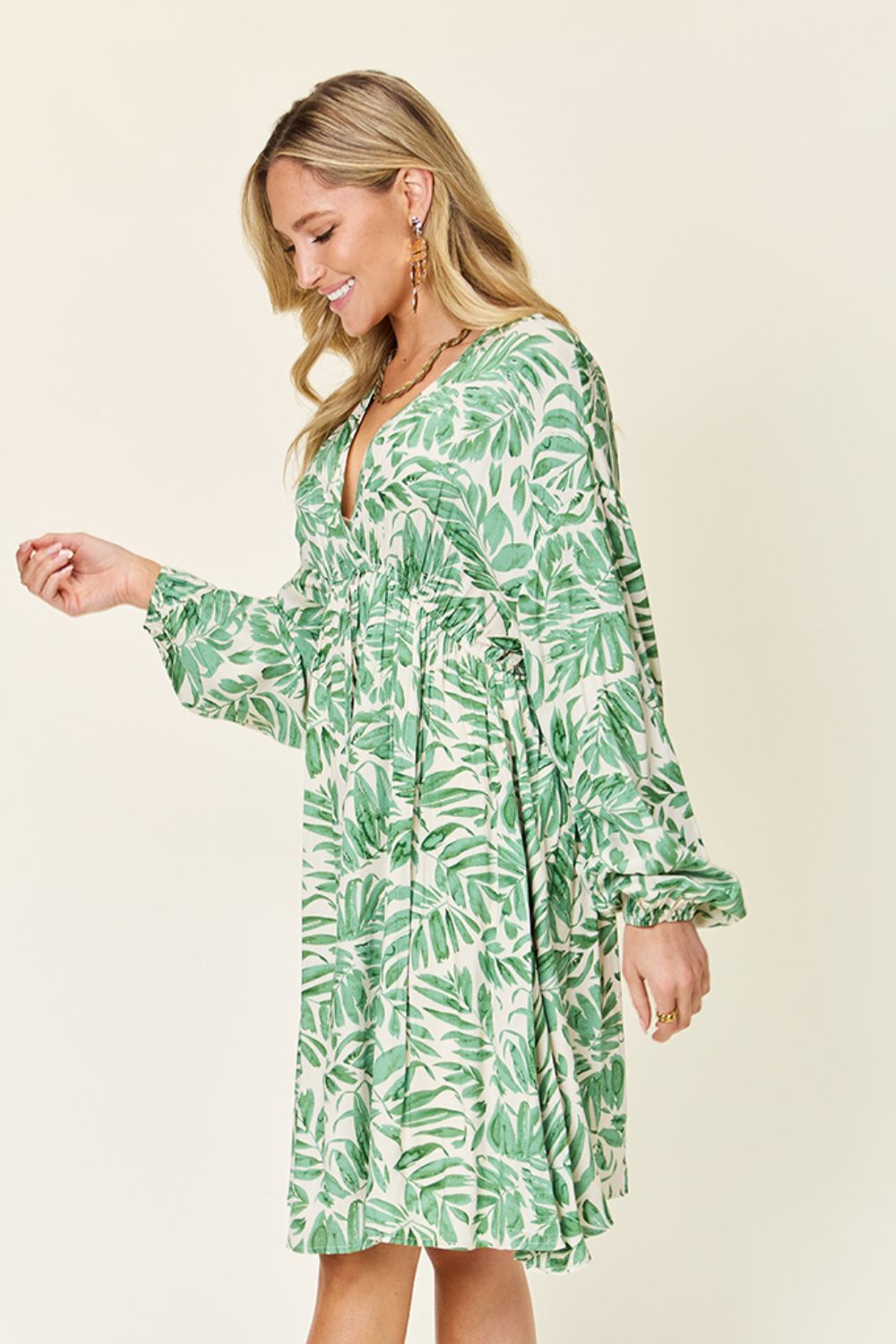 Printed Empire Waist Balloon Sleeve Mini Dress in Light Green