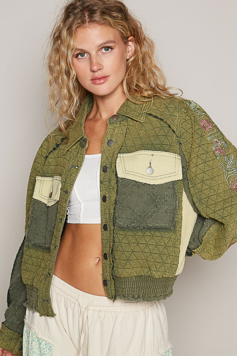 Embroidered Sleeve Quilted Jacket in Basil