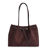 Beach Rose Co. brown suede shoulder bag with double handles and decorative buckle belt detail.