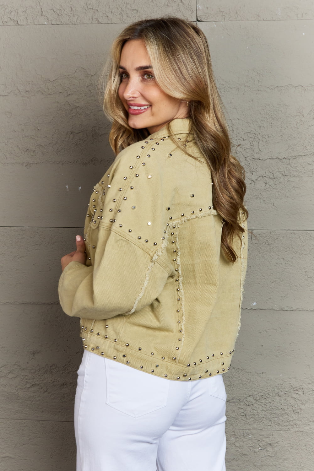 Frayed Trim Rivet Denim Jacket in Khaki