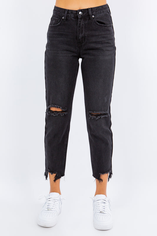 High Waist Distressed Cropped Straight Leg Jeans in Black