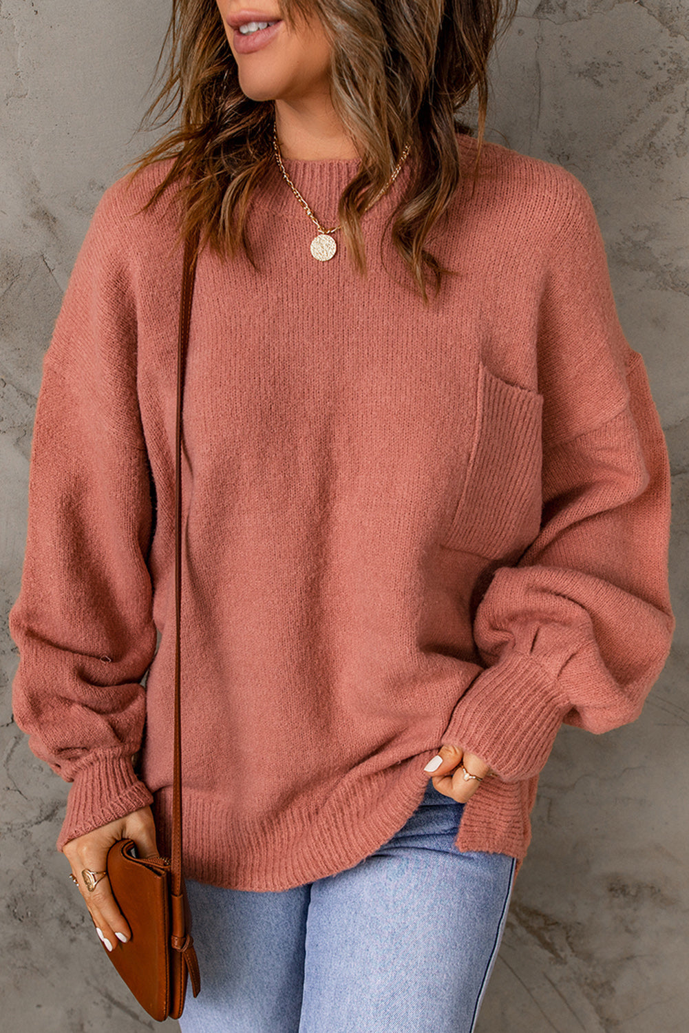 Rib Knit Trim Lantern Sleeve Sweater in Salmon