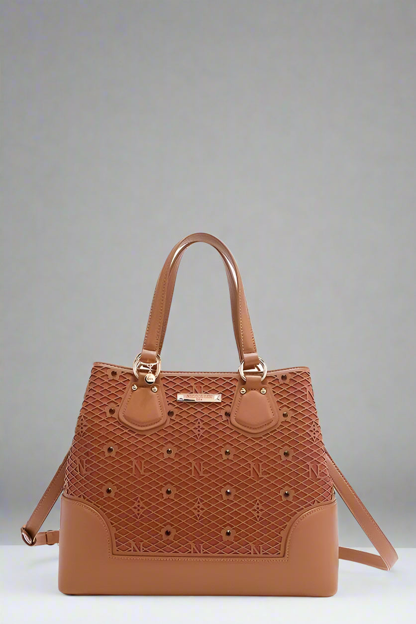 Brown handbag with woven pattern on a white background