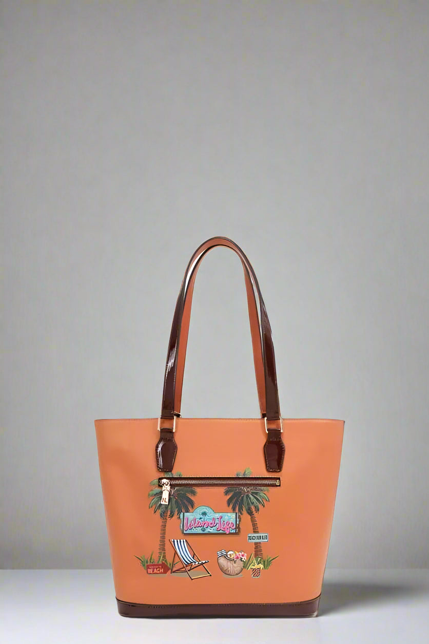 Orange tote bag with brown handles and decorative elements on a white background