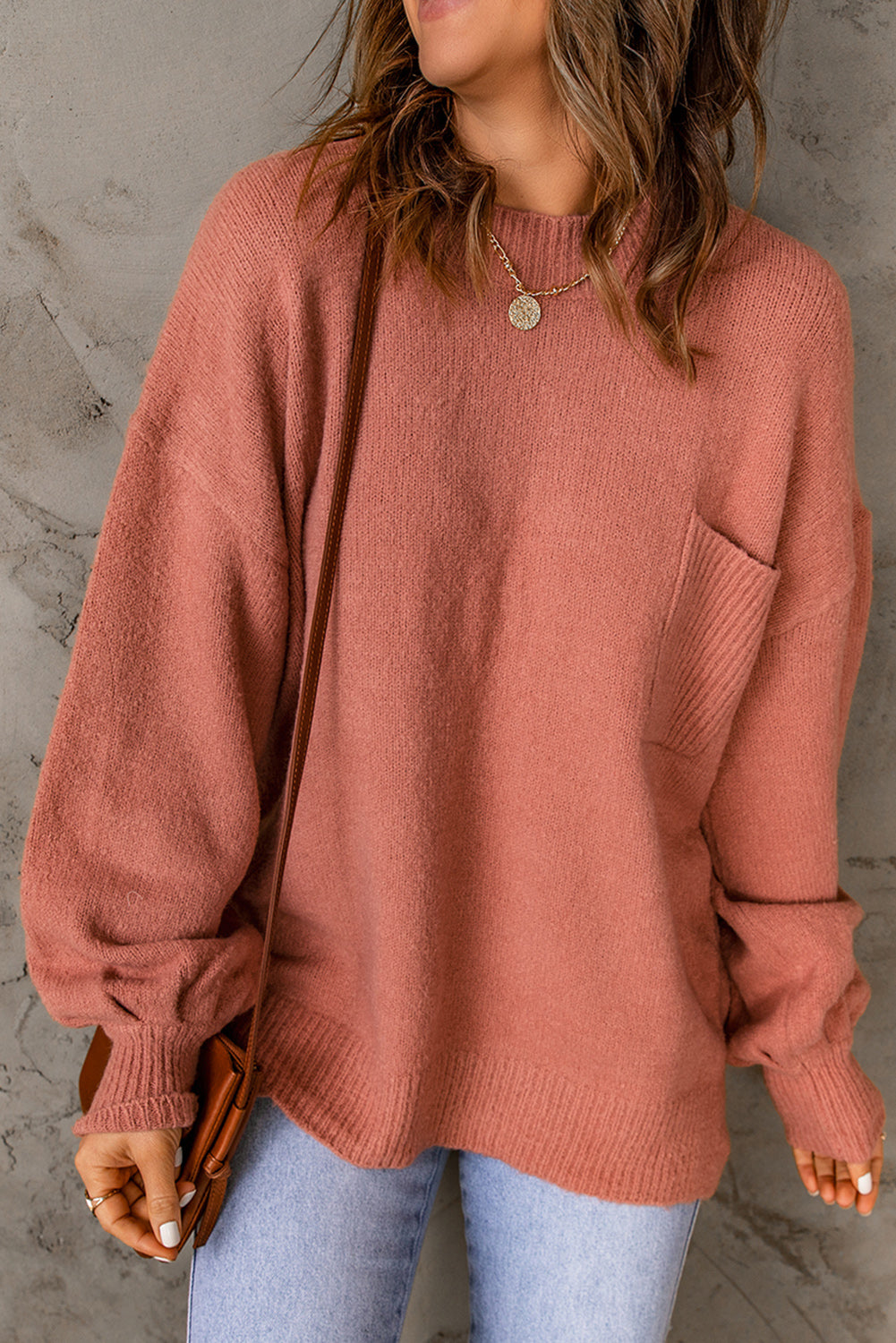 Rib Knit Trim Lantern Sleeve Sweater in Salmon