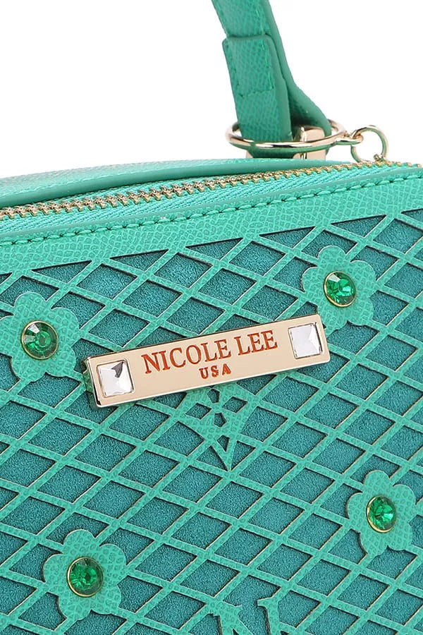 Green handbag with floral details and 'Nicole Lee' label on a white background