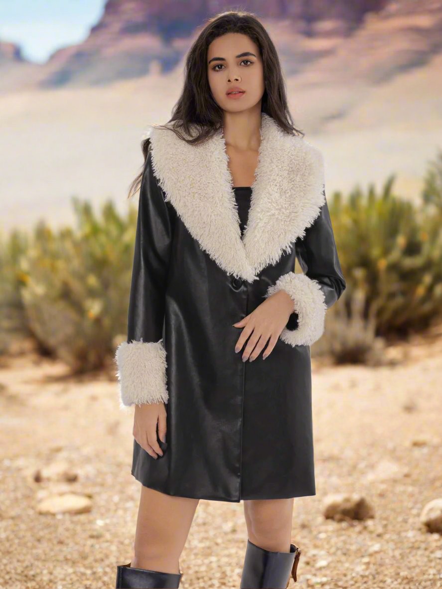 Black Vegan Leather Faux Fur Trim Longline Coat