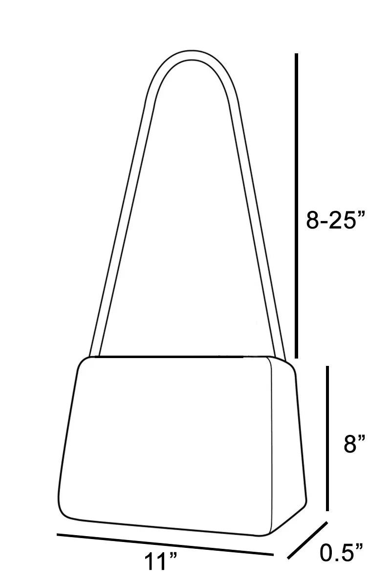Line drawing of a handbag with dimensions labeled