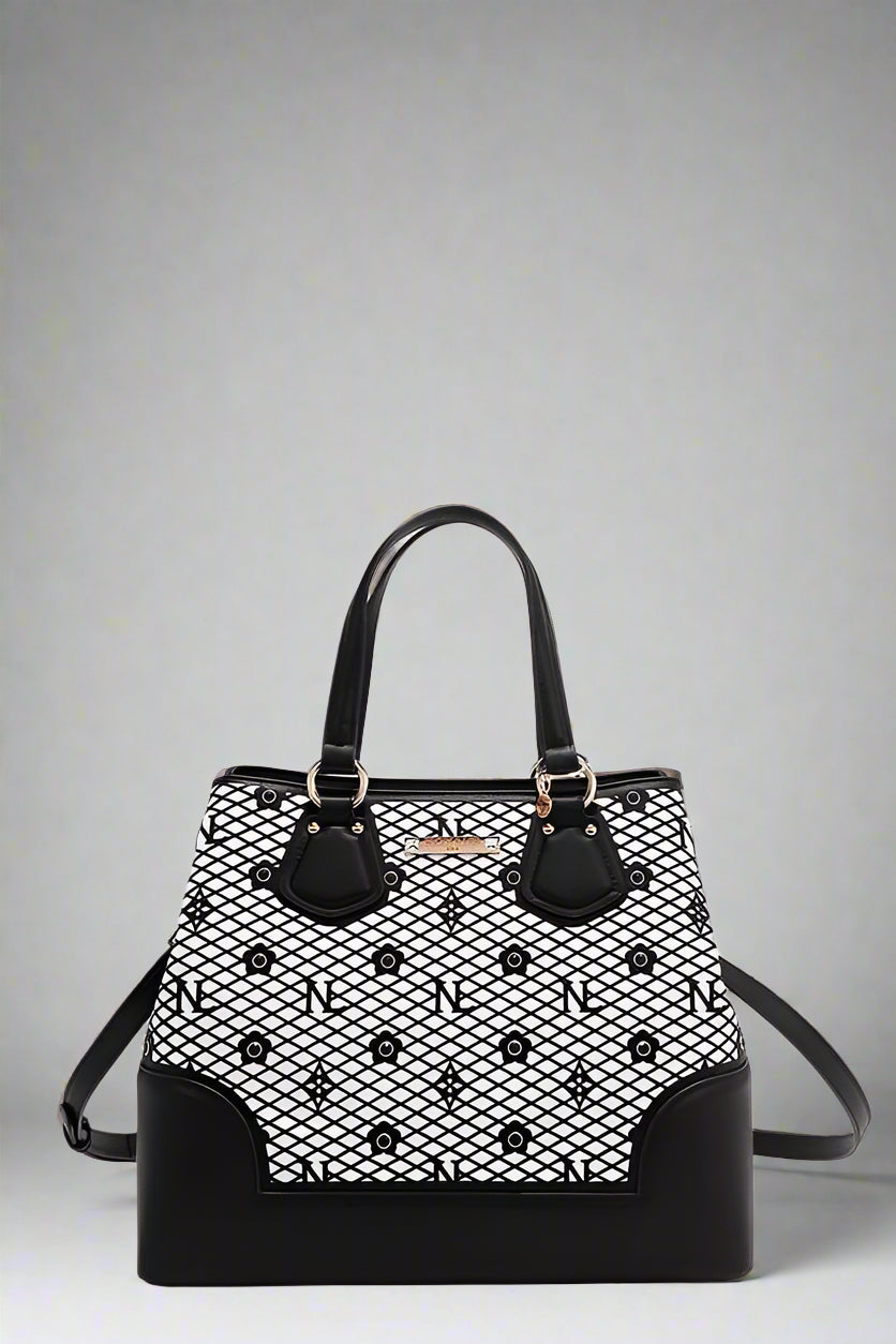 Black and white handbag with a pattern on a white background
