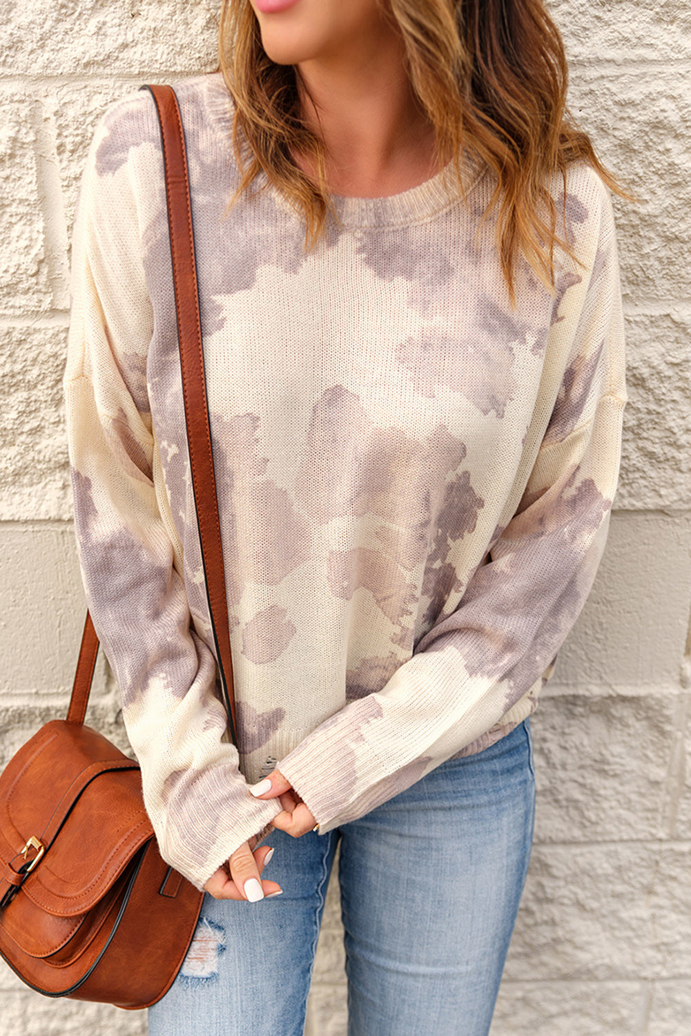 Beige Tie-Dye Distressed Sweater