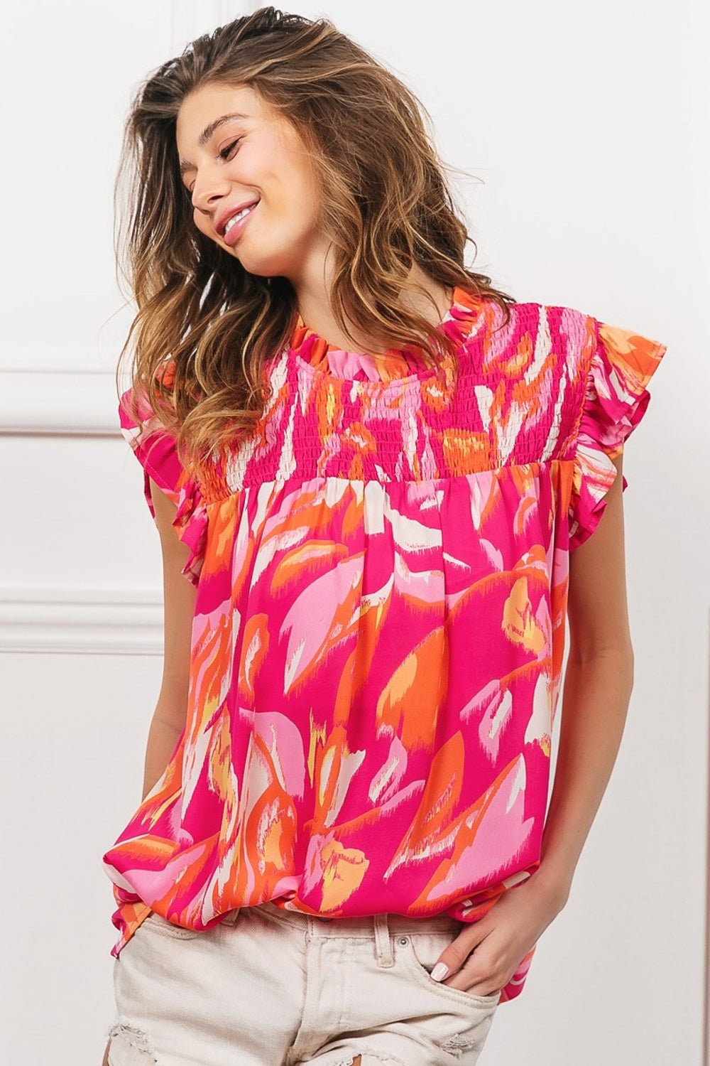 Smocked Ruffled Floral Top in Fuchsia Multi