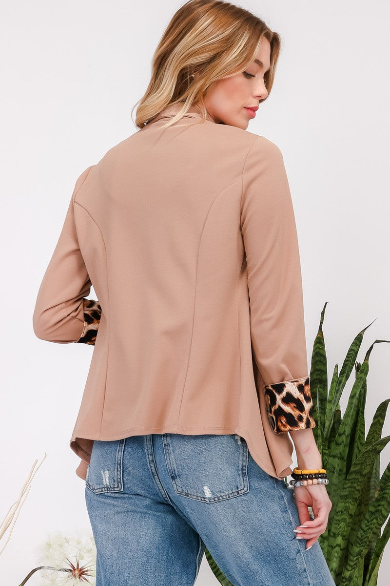 Leopard Cuff Open Front Blazer in Mocha