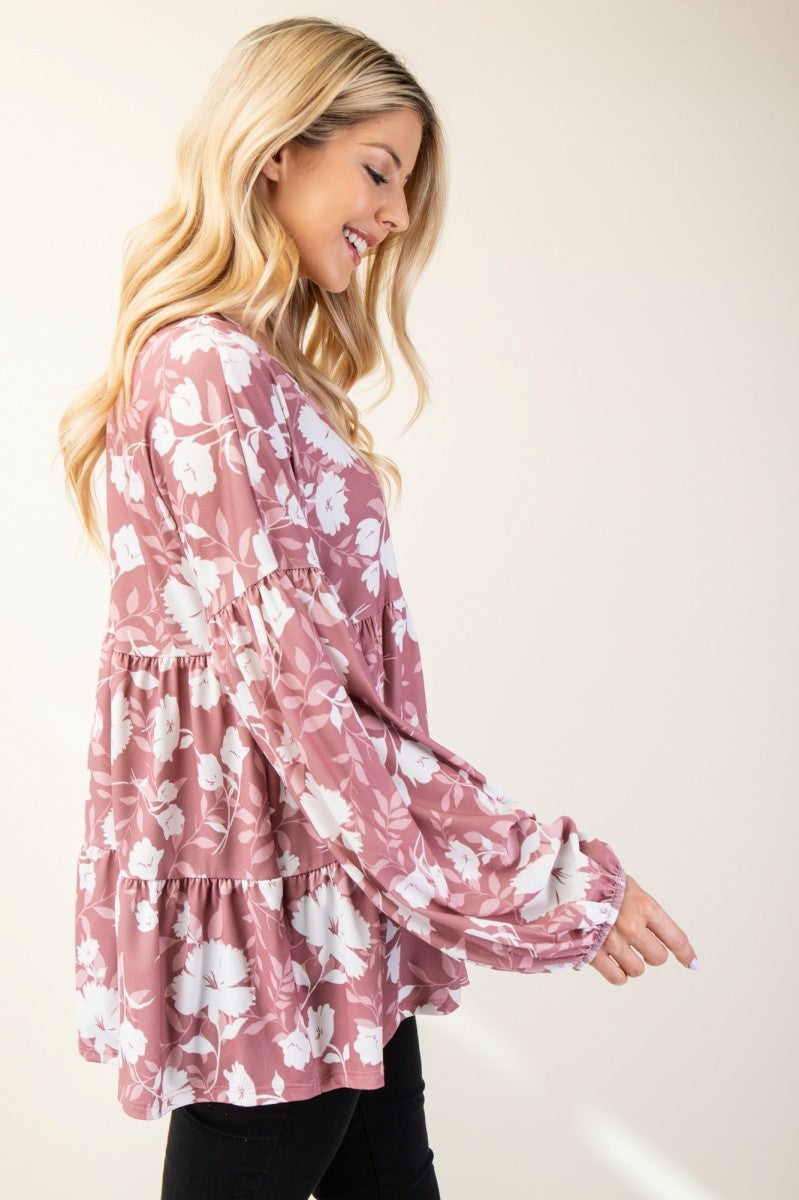 Floral V-Neck Long Sleeve Blouse in Mauve