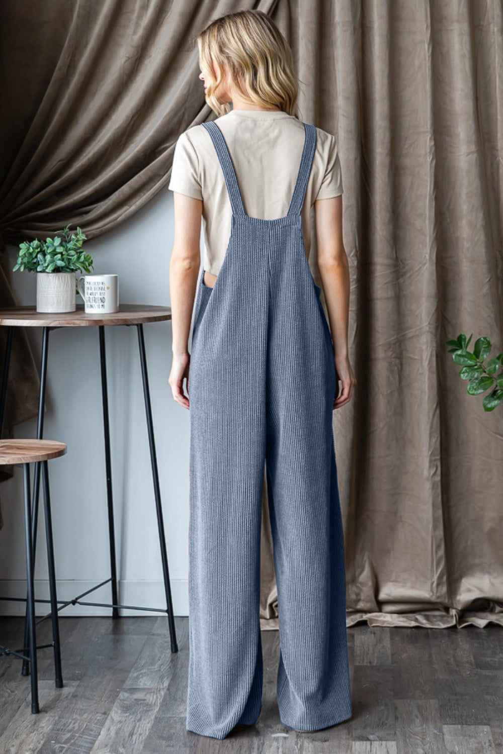 Rib Knit Front Pocket Sleeveless Jumpsuit in Vintage Denim Blue