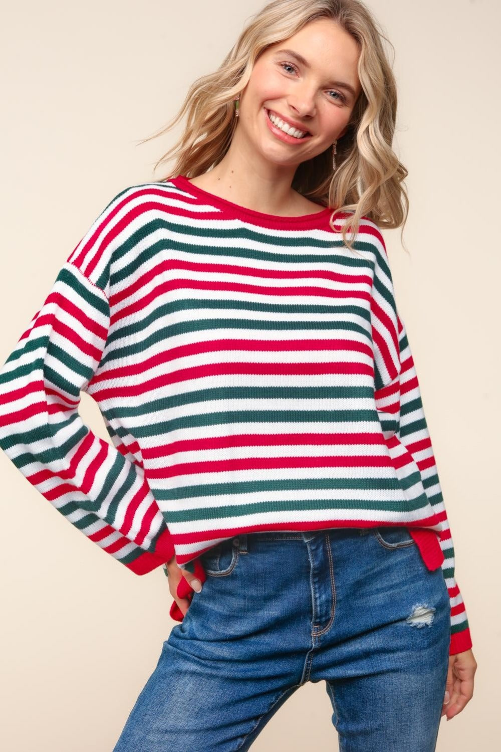 Striped Contrast Knit Tunic Top in Red Hunter Green