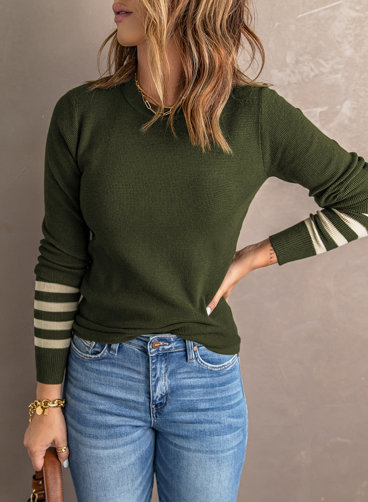 Striped Sleeve Knit Top in Olive