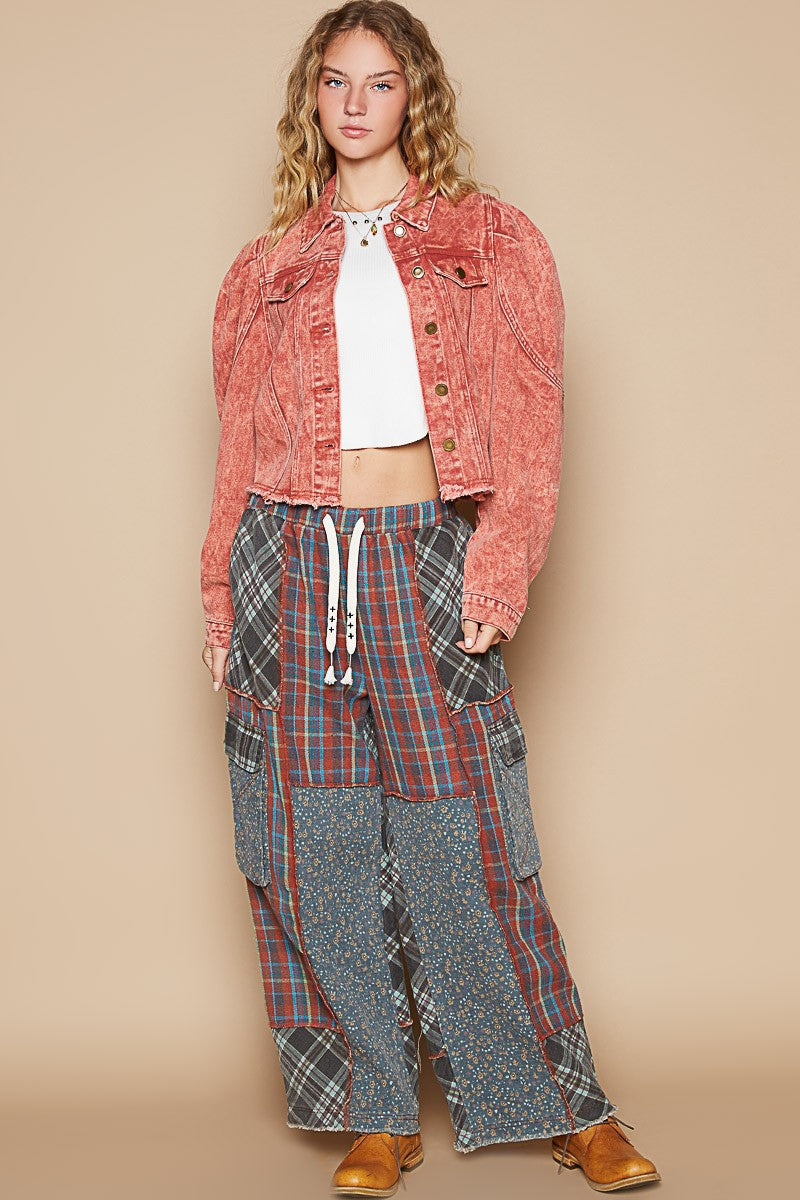 Brick Red Raw Hem Puff Sleeve Cropped Denim Jacket