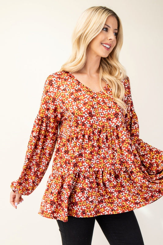 Floral V-Neck Long Sleeve Blouse in Rust