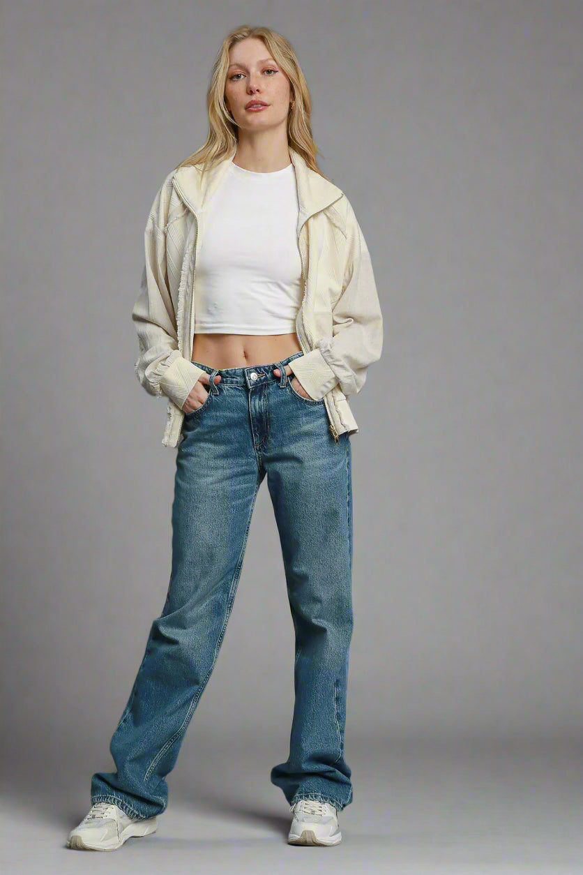 Ivory Mixed Fabric Zip Up Jacket