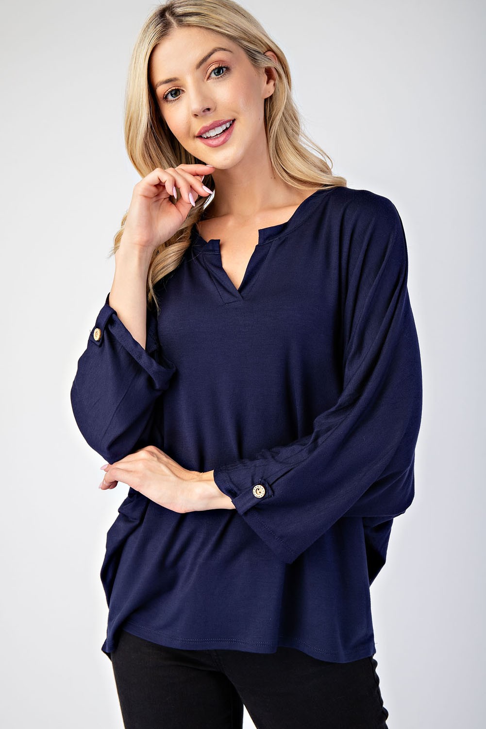 Navy Three-Quarter Sleeve Blouse