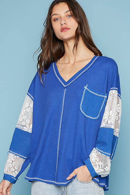 V-Neck Lace Detail Long Sleeve Exposed Seam Top in Ultramarine