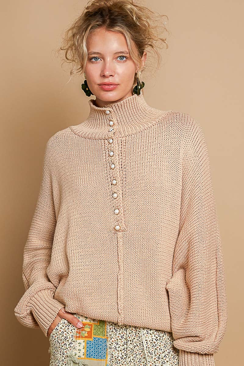 Pearl Button Long Sleeve Turtleneck Sweater in Latte