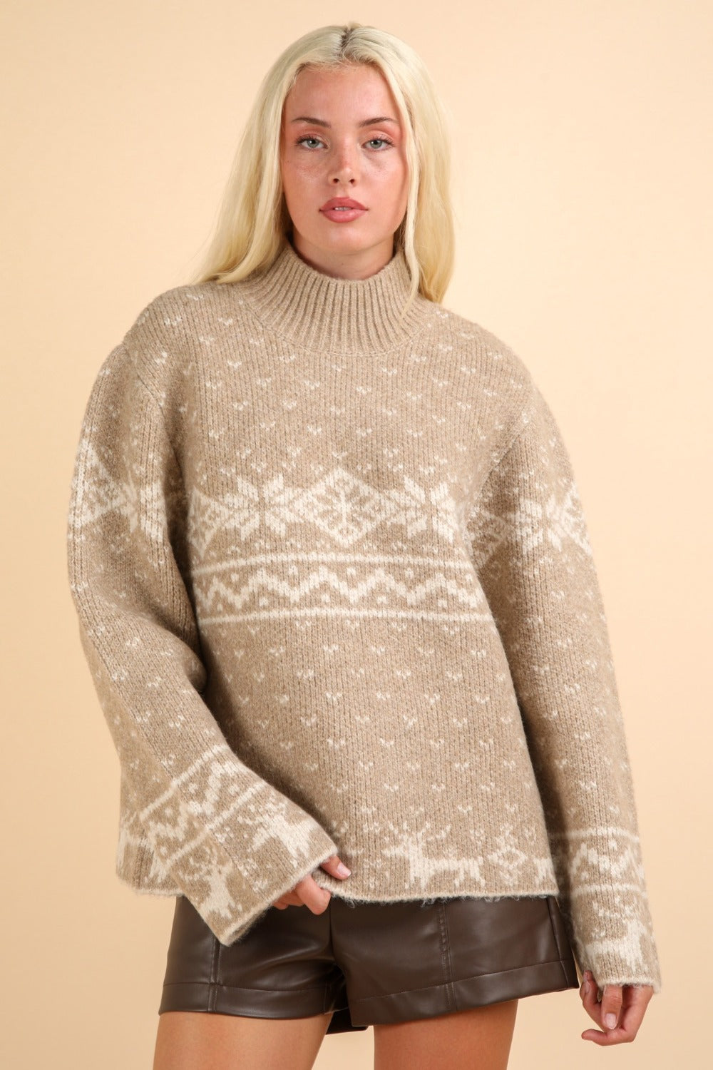 Christmas Design Mock Neck Sweater in Mocha