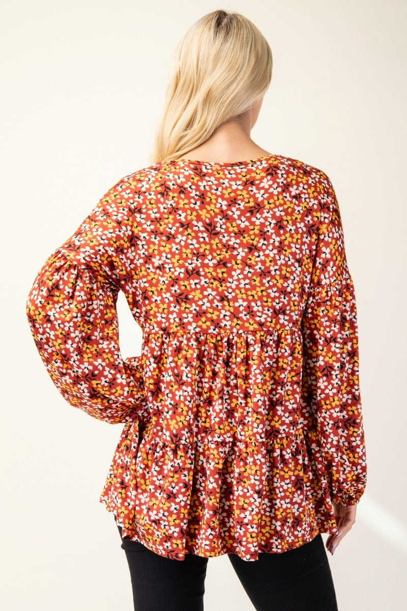 Floral V-Neck Long Sleeve Blouse in Rust