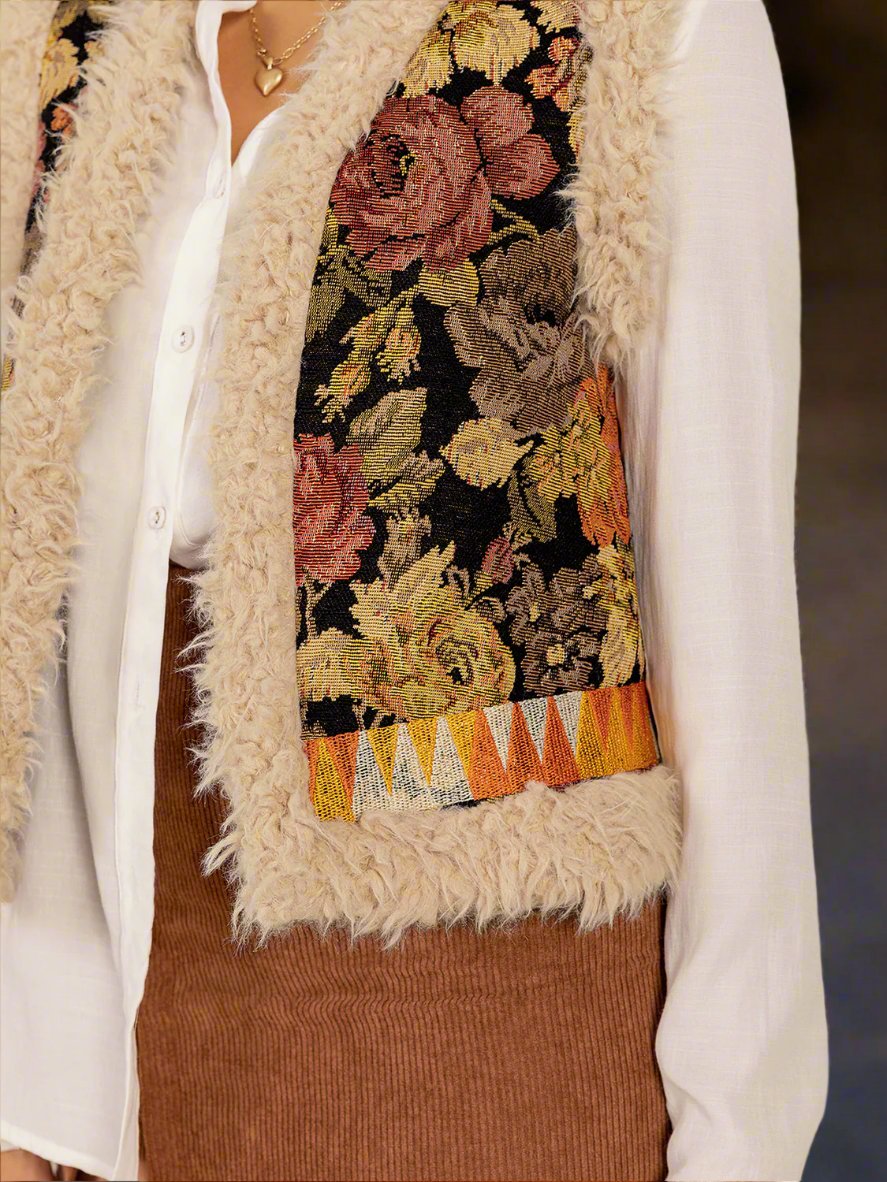 Floral Jacquard Faux Fur Trim Vest