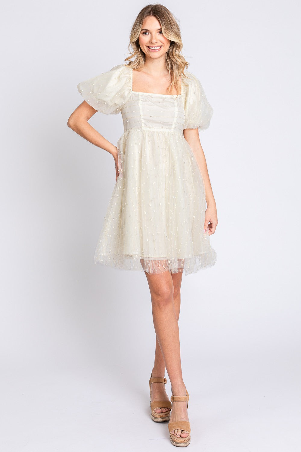 Pearl Detail Tulle Puff Sleeve Babydoll Mini Dress in Cream
