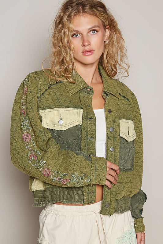 Embroidered Sleeve Quilted Jacket in Basil