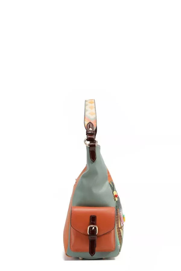 Sling bag with a floral strap on a white background