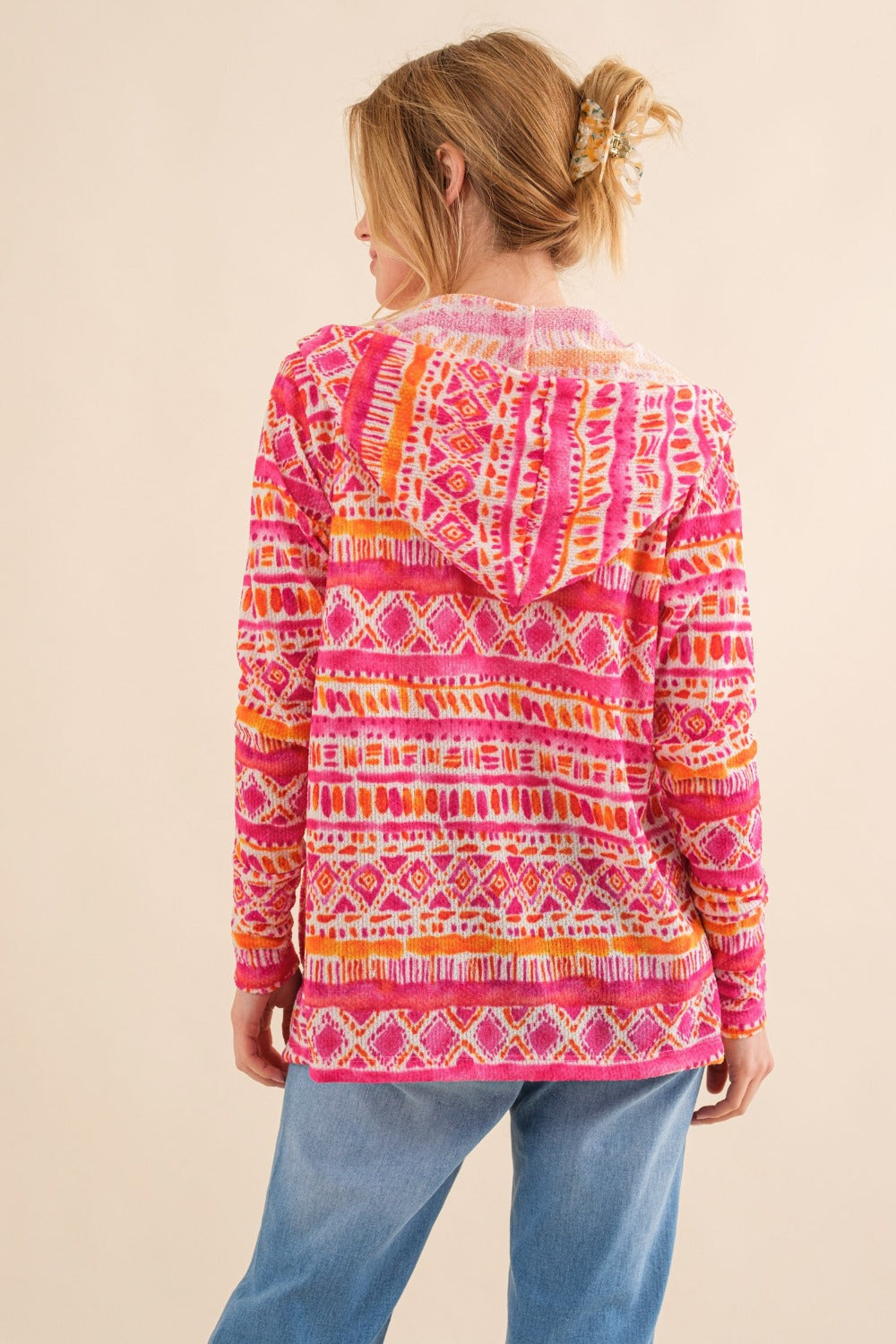 Printed Thermal Hooded Open Front Cardigan in Coral