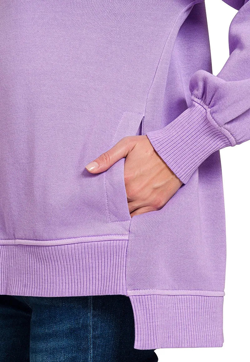 Purple sweatshirt with a hand in the pocket on a white background