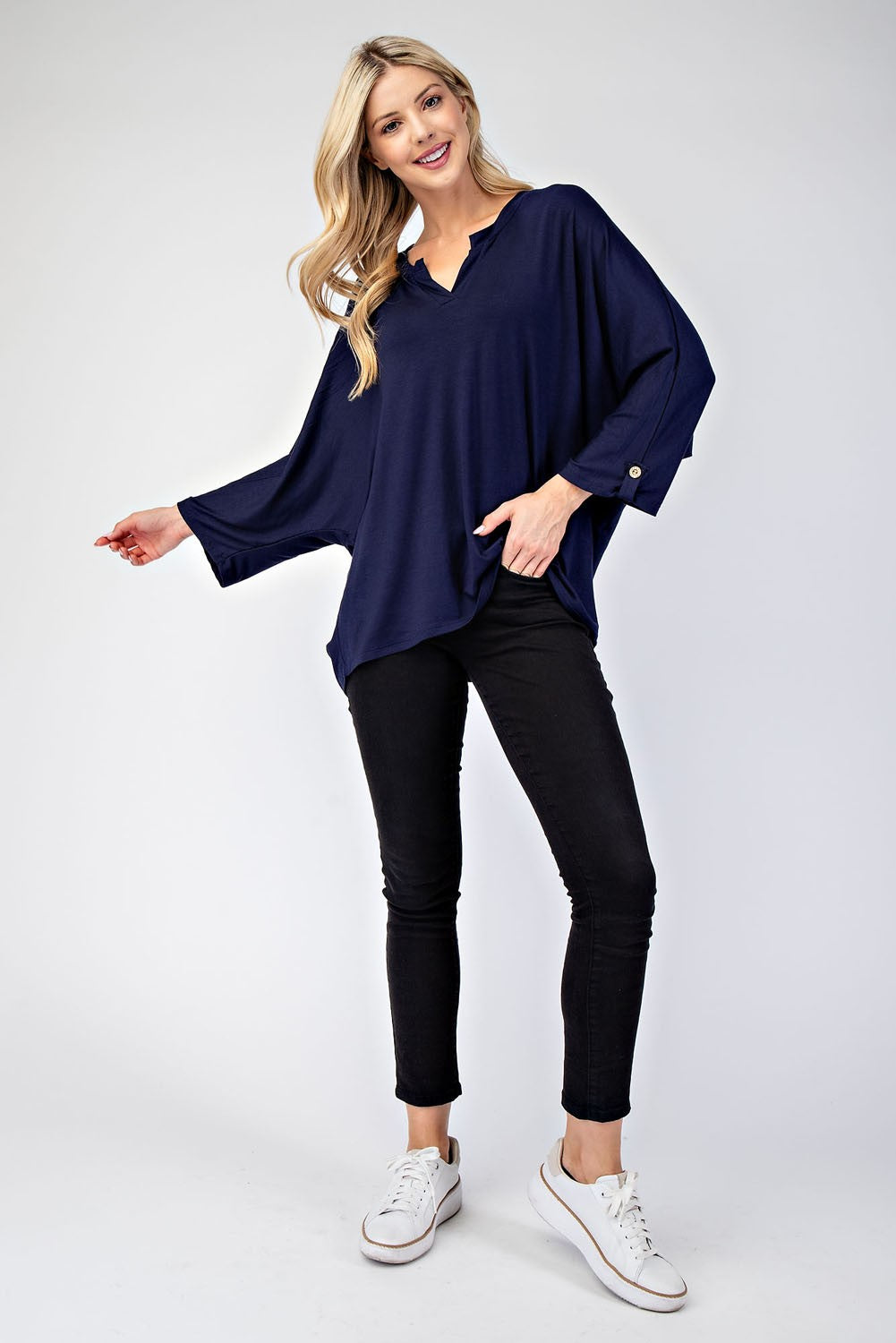 Navy Three-Quarter Sleeve Blouse