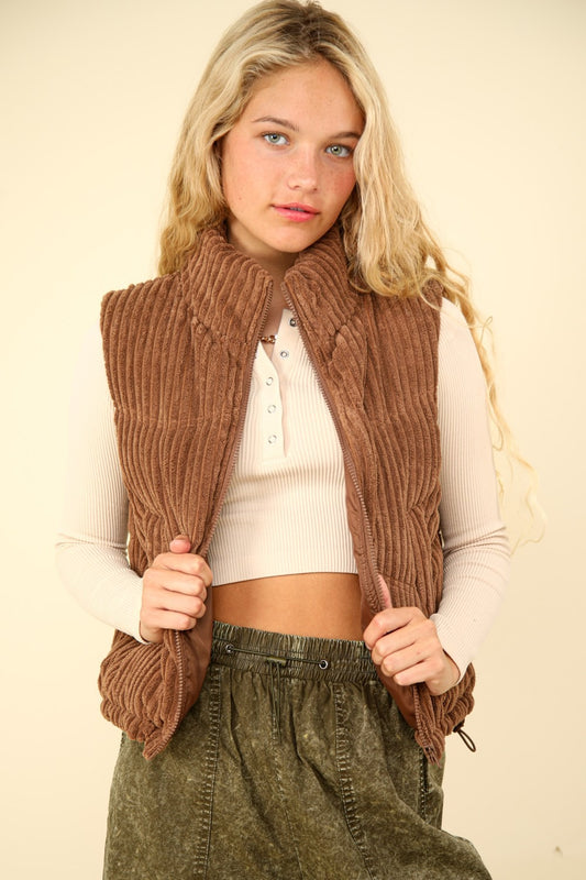 Zip Up Corduroy Puffer Vest in Chocolate