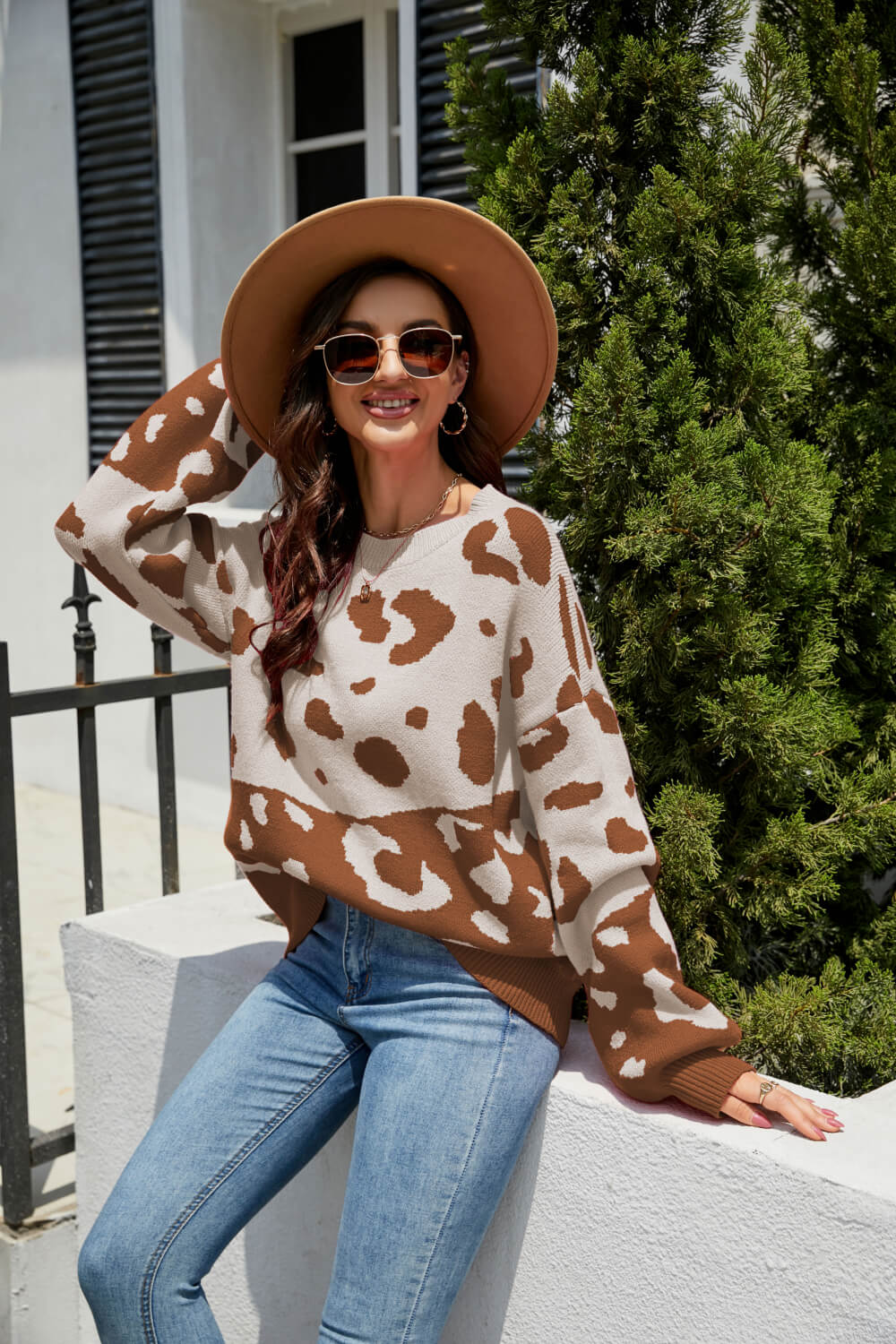 Leopard Pattern Dropped Shoulder Sweater