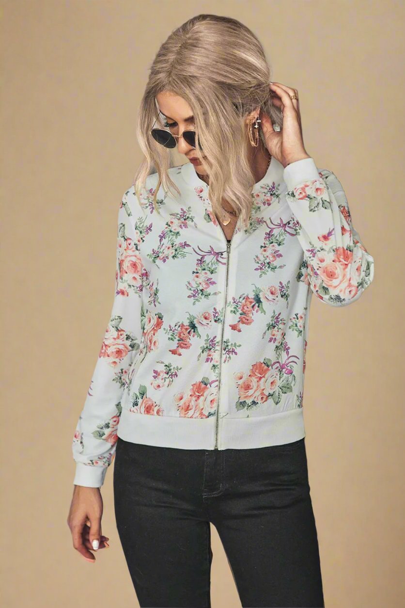 Floral Zip Up Bomber Jacket