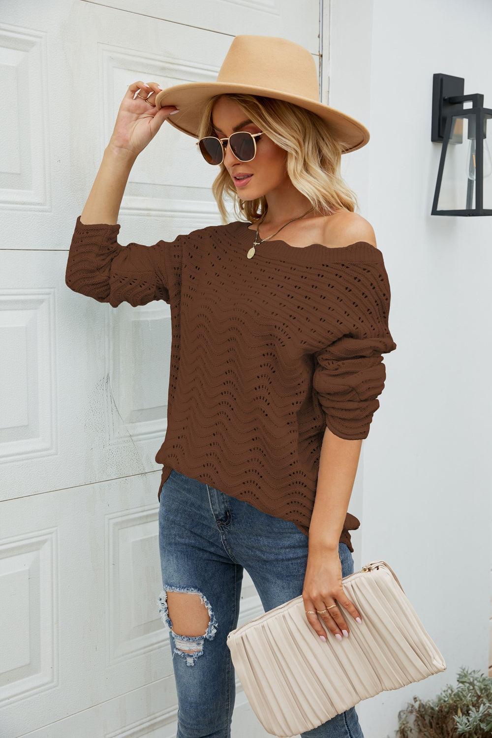 Scalloped Boat Neck Crochet Tunic Sweater