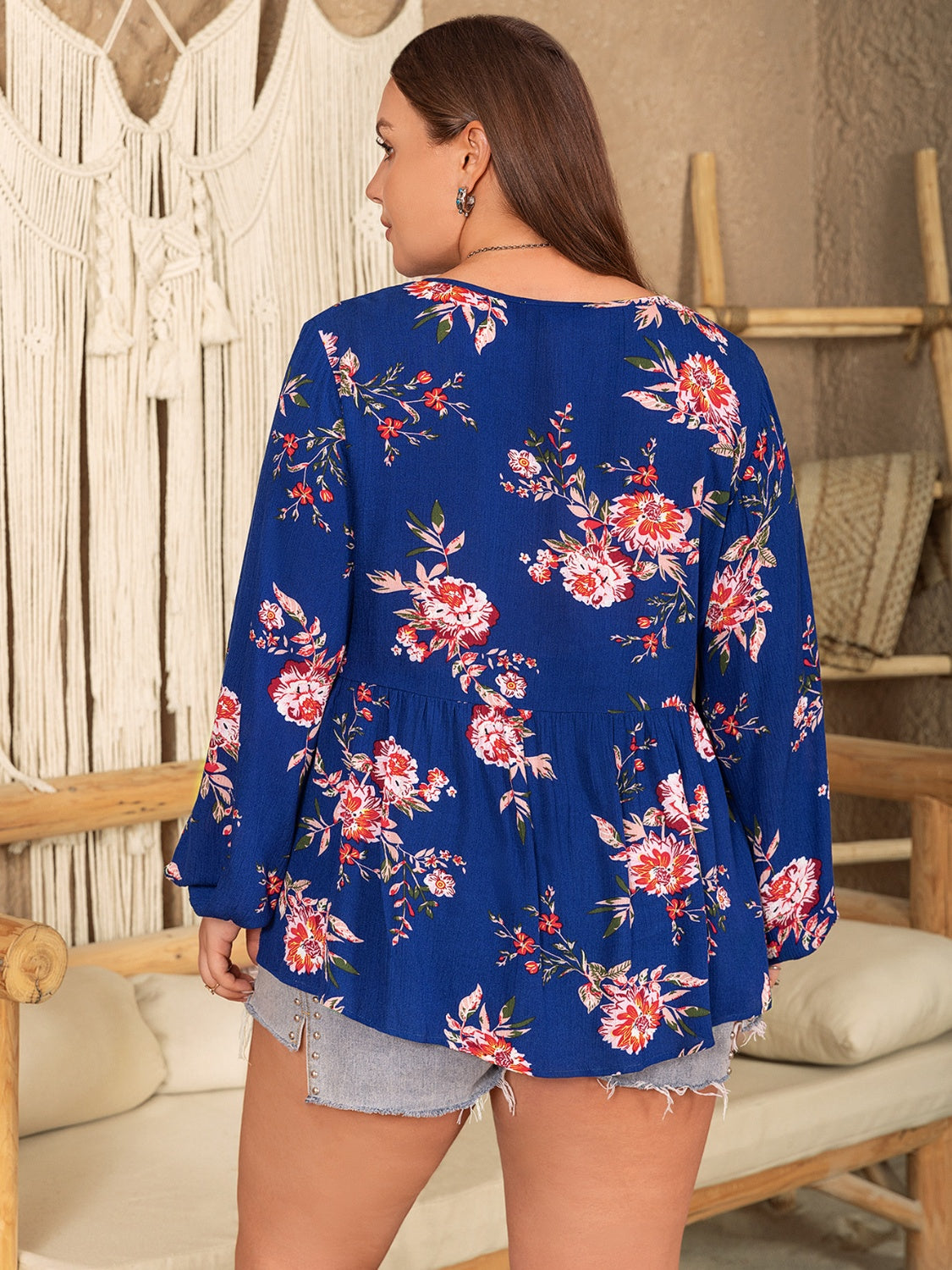 Plus Size Floral Print Tie Neck Long Sleeve Babydoll Blouse in Dark Blue