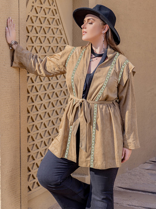 Plus Size Long Sleeve Tie Waist Topper in Camel