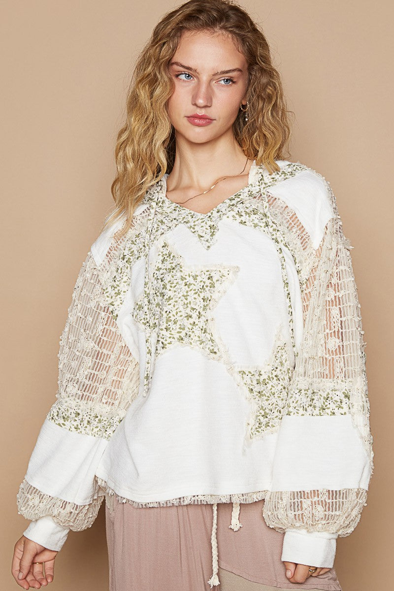 Star Patch Lace Sleeve Hooded Top in Ivory