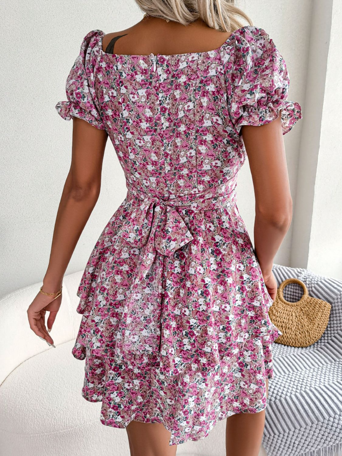 Floral Sweetheart Neck Puff Sleeve Mini Dress