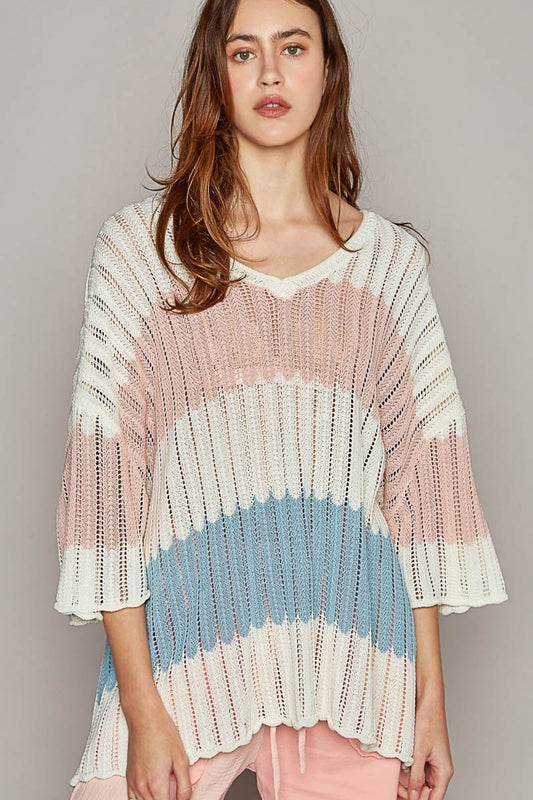 V-Neck Stripe Weave Sweater