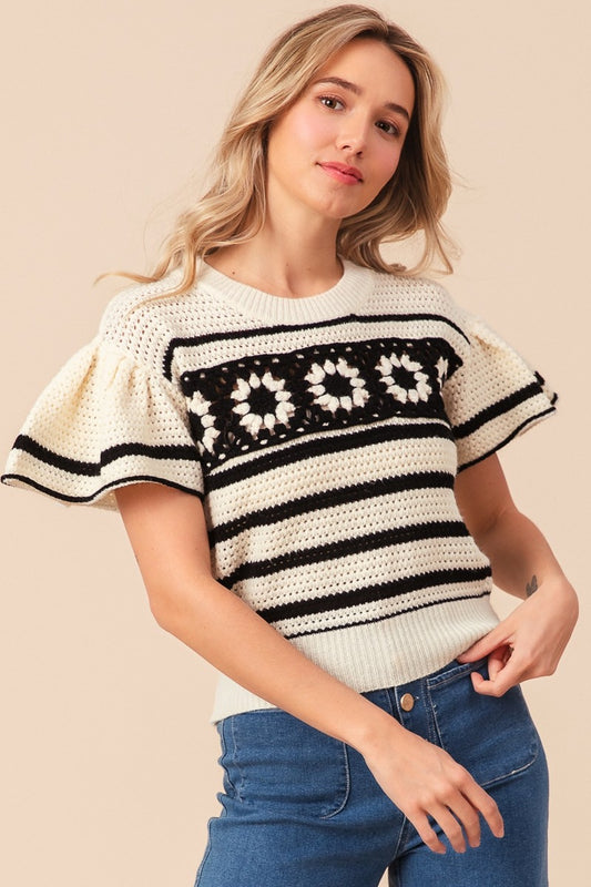 Granny Square Short Sleeve Striped Sweater in Ivory Black
