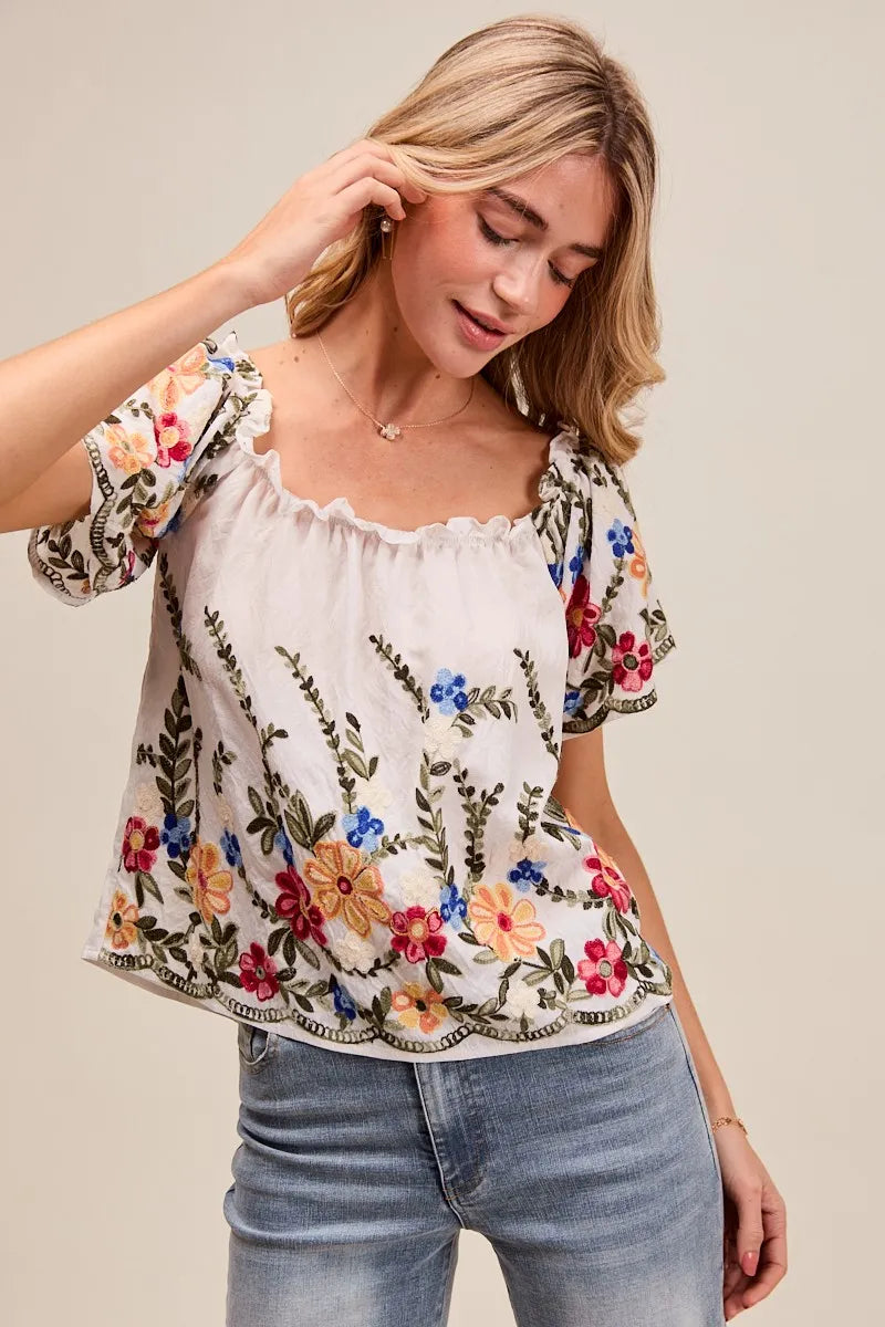 Woman wearing a floral embroidered top and jeans against a plain background