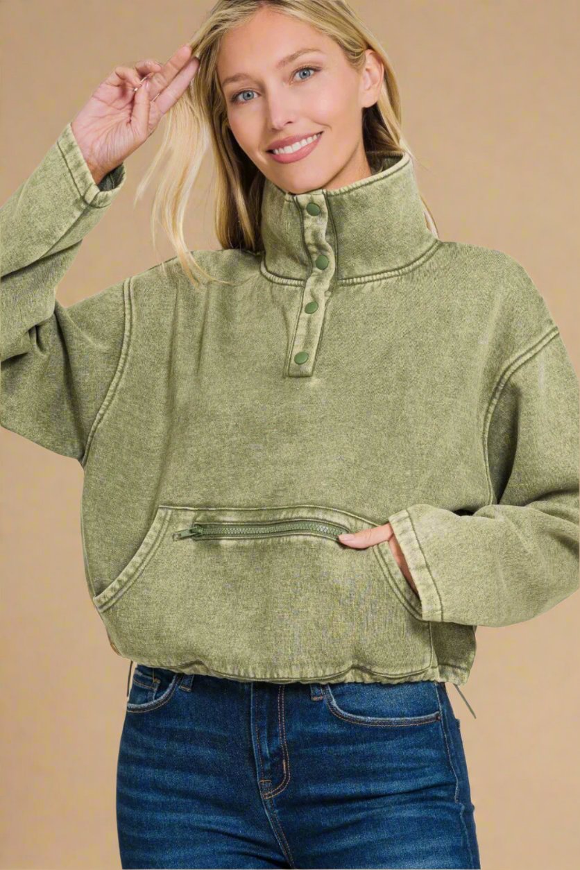 Acid Wash Fleece Half Snap Sweatshirt in Light Olive